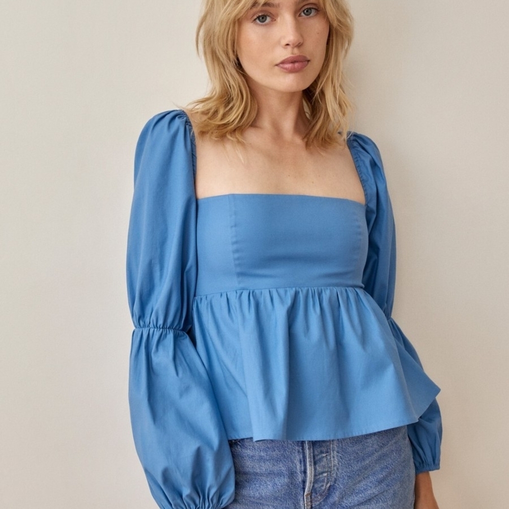 Blue Puff Sleeve Peplum Blouse